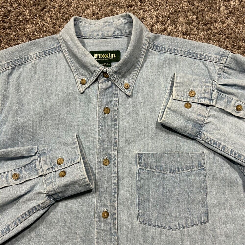 Vintage Denim Shirt y2k Long Sleeve Button Up Faded Blue Cotton Mens Medium - Picture 2 of 8